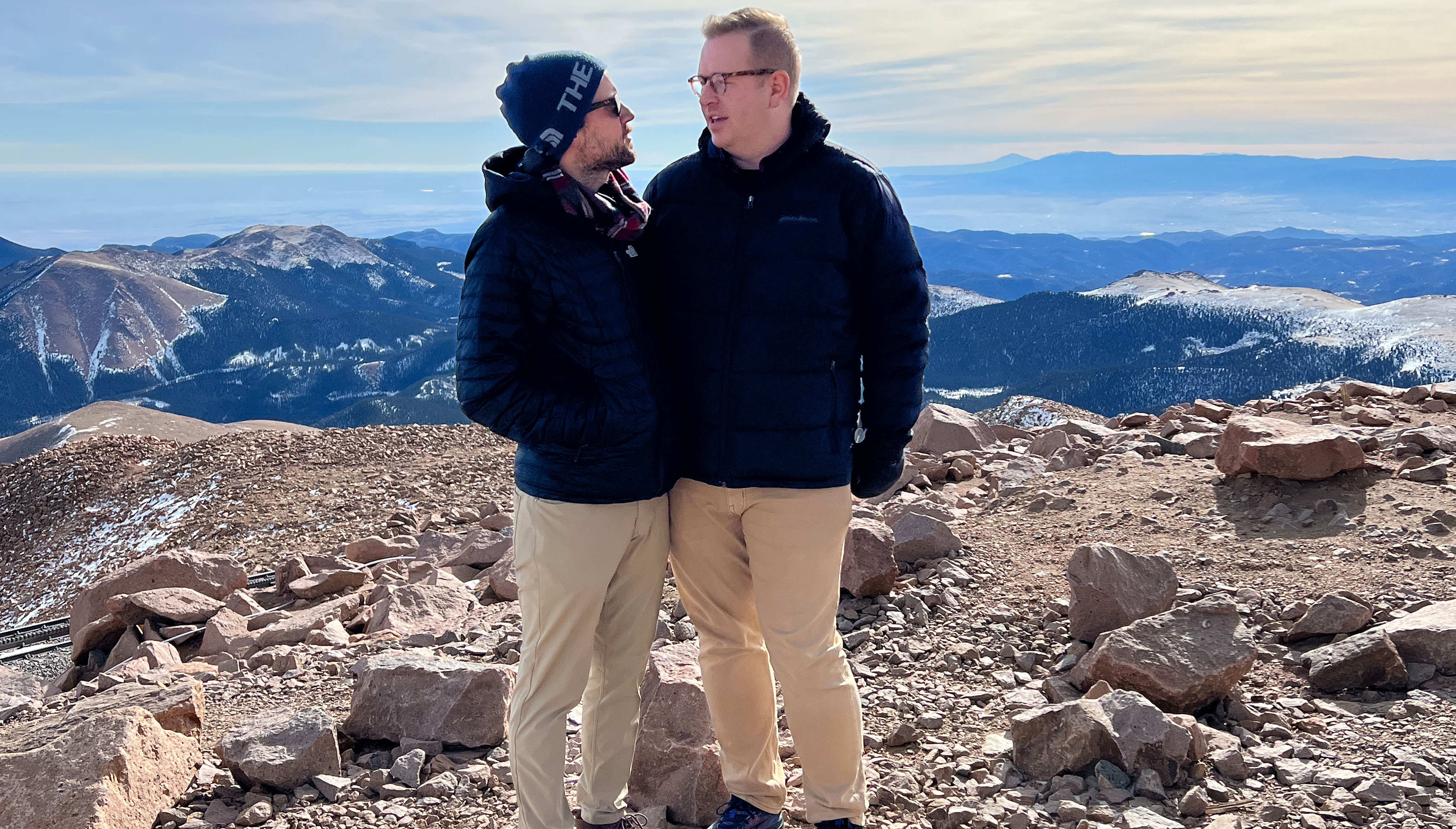 Taylor and Mike discussing what to do in a photo on Pike's Peak