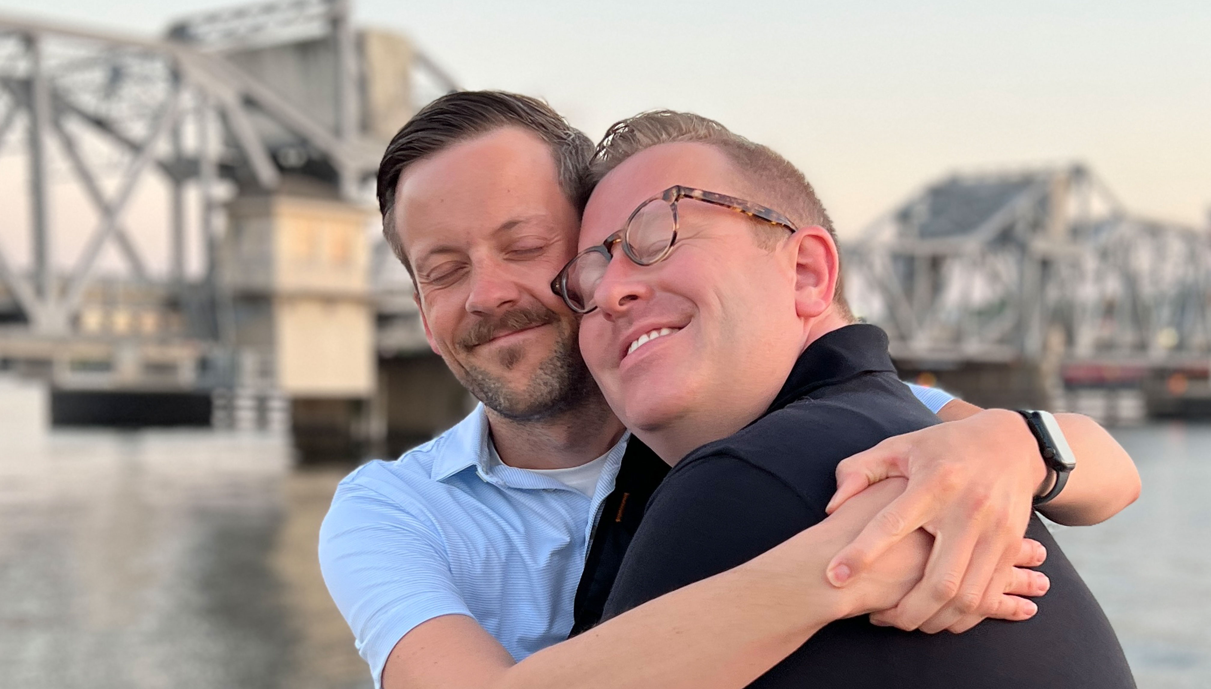Hugging in front of Mike's bridge in Sturgeon Bay